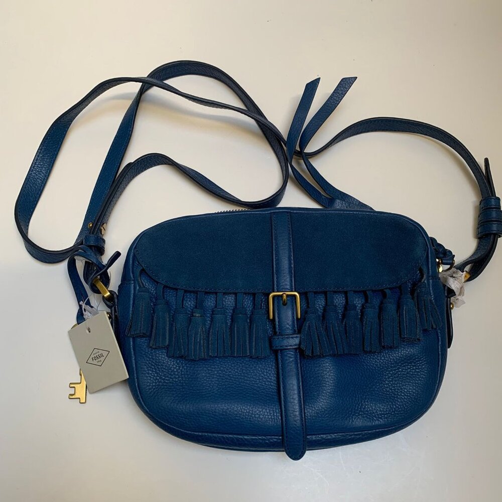 BNWT Fossil Blue Tasseled Leather Crossbody Bag